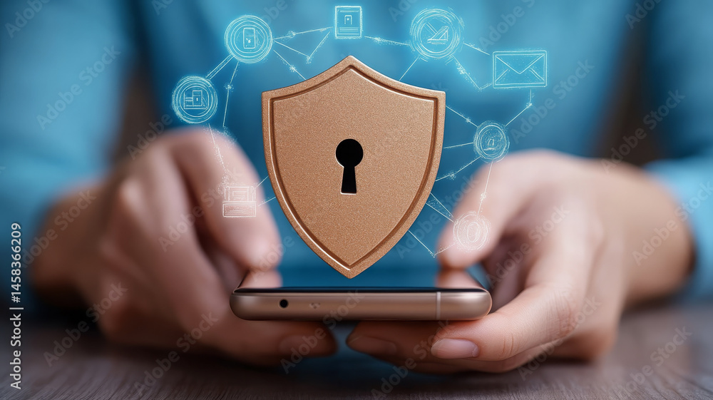 Poster secure smartphone login with shield symbolizing protection and privacy