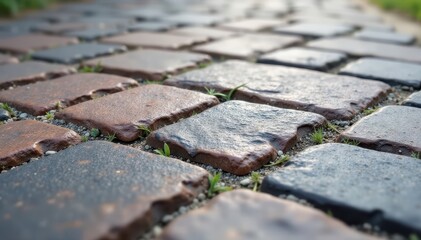 Obraz premium Rough-hewn granite paving stones, close-up detail, surface, pathway