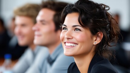 Smiling woman attending seminar. female participant engaged in business event