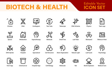 Biotech and Health Tech Icon Pack – Clean, Minimalist Line Vector Illustrations for Healthcare, Science, Lab Research, Pharma.