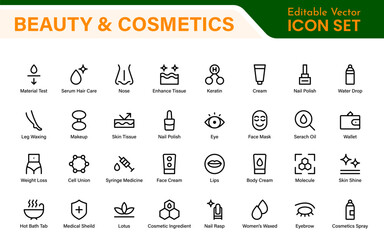 Organic Beauty and Cosmetics product outline icon set. editable line icon collection.