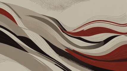 Modern Abstract Flowing Lines Art in Red, Black, and Beige