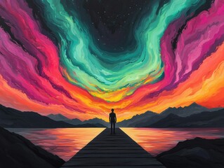 A person stands on a pier, admiring a vibrant cosmic sky filled with colorful swirls.