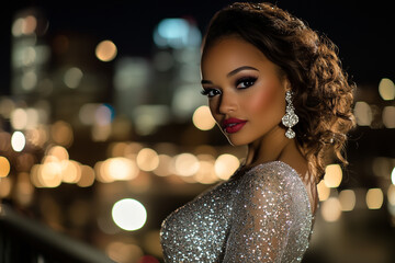 Elegant Fashion Model in a Glittery Silver Dress Posing Gracefully Against a Vibrant City Skyline at Night with Sparkling Lights.