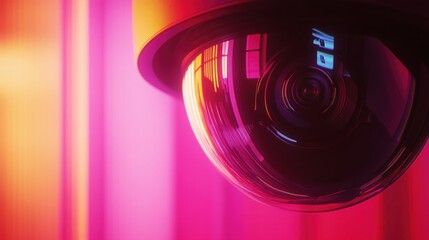 Close-up of a surveillance camera in vibrant neon light.