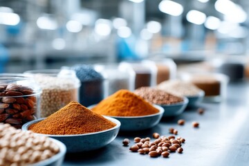 Close-up view of bulk goods in bright manufacturing setting with space for copy and description