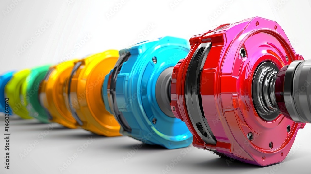Poster a vibrant display of colorful mechanical components in a modern design.