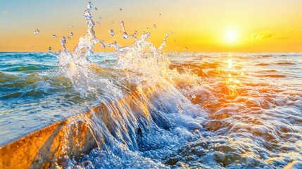 Vibrant sunrise illuminates a powerful ocean wave crashing dramatically over rocks at the beach creating a stunning water splash.