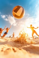 Teenagers enjoying beach volleyball and sharing laughter during a sunny day at the beach