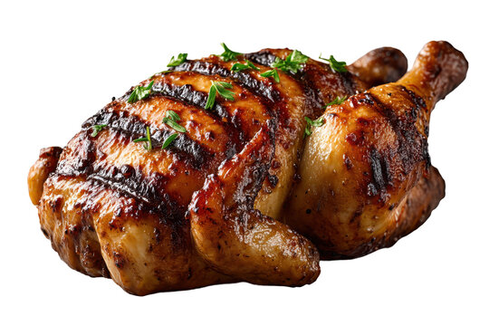 Whole roasted chicken with herbs isolated on white background

