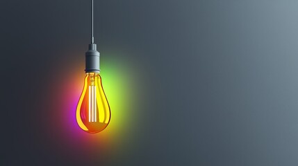 A vibrant hanging light bulb illuminating a dark background with colorful glow.