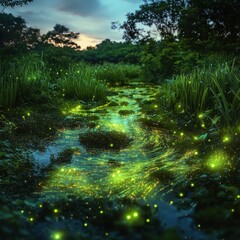 Fototapeta premium Enchanted Forest Stream with Glowing Fireflies at Dusk