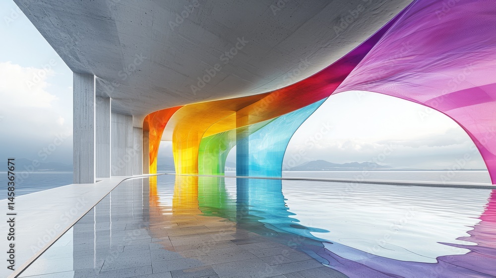 Poster a vibrant modern architectural design with colorful translucent elements and reflections.
