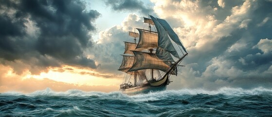 Sailing ship in dramatic ocean storm sunset seascape