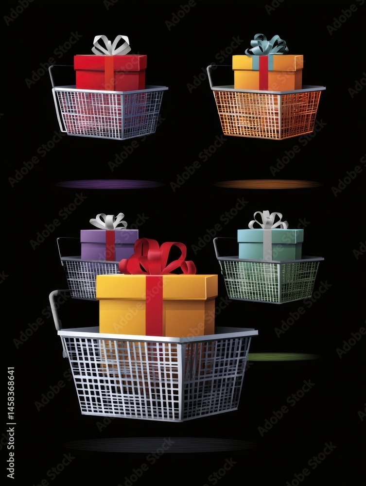 Poster Creative Art Showcases a Shopping Basket Transforming Into a Colorful Gift Box on a Dark Background in a Playful Design Generative AI