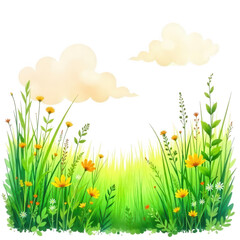 Vibrant Spring Meadow Watercolor Illustration of Lush Grass and Blooming Wildflowers