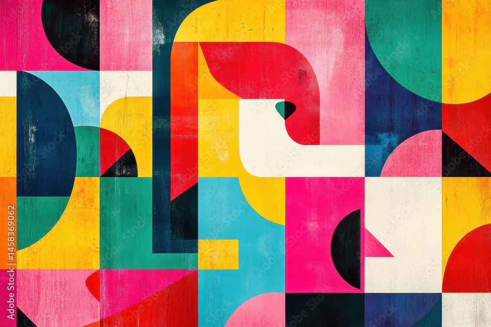 Poster colorful geometric composition: an abstract piece, vibrant geometric shapes in array of color palett
