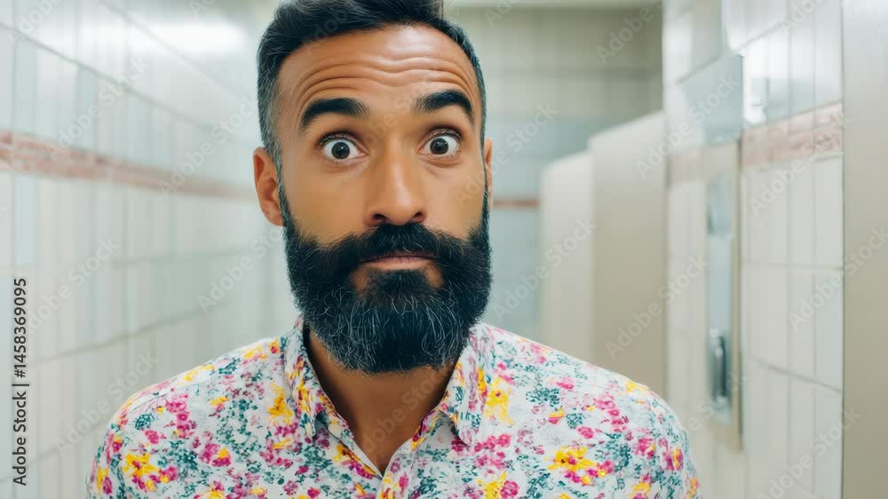 Poster man with a beard and a surprised expression on his face