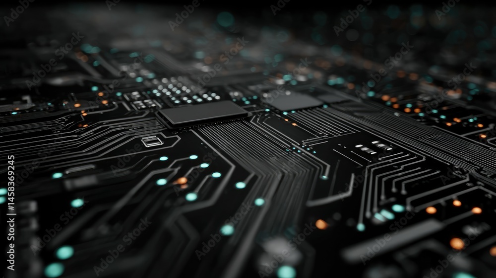 Poster circuit board: glowing pathways of technology in dark abstract style