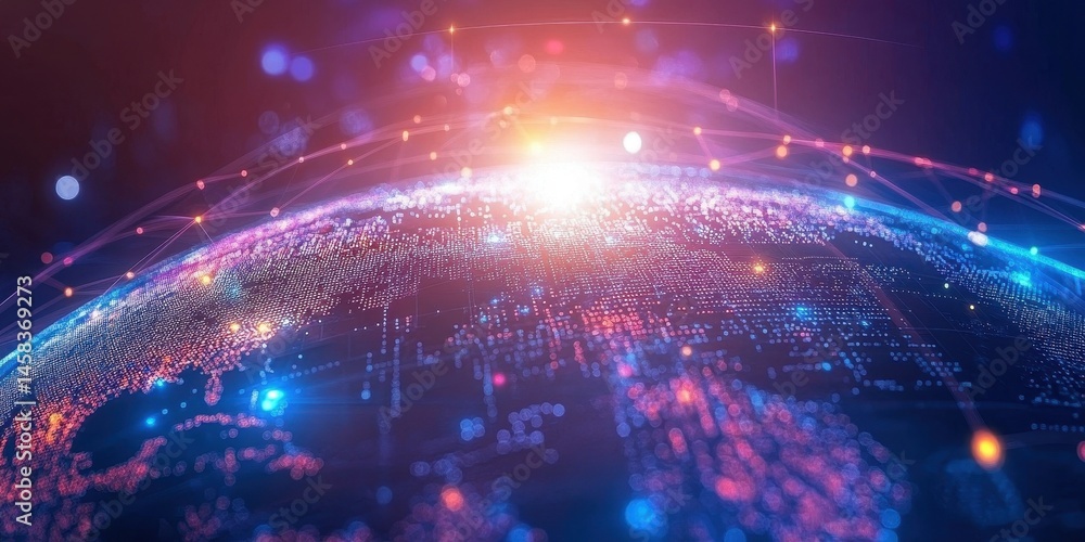 Aufkleber global network connection: a vibrant, stylized depiction of earth, glowing with interconnected lines