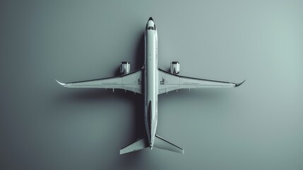 An aerial view of a sleek airplane on a neutral background.
