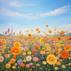 Fototapeta premium Vibrant wildflower field scenic landscape hyperrealistic artwork natural beauty daytime inspiring serenity