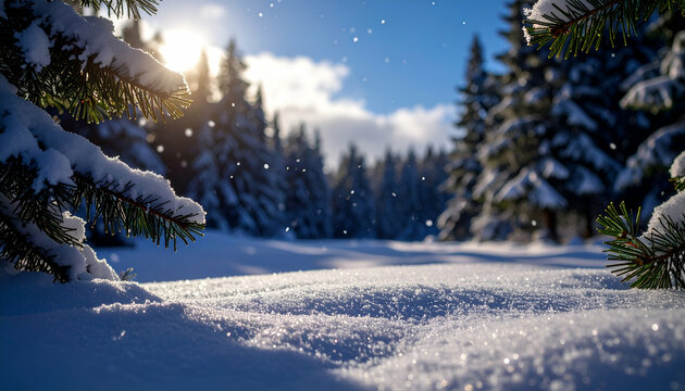 Winter landscape with snow covered trees and sunlight in a seasonal forest