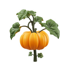 Orange pumpkin growing on a vine with green leaves against a colorful striped background