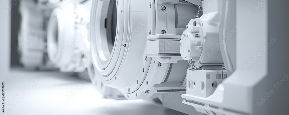 Poster close-up of modern machinery components emphasizing sleek design and precision.