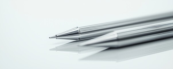 Naklejka premium Close-up of sleek silver pens on a reflective surface, perfect for corporate settings.