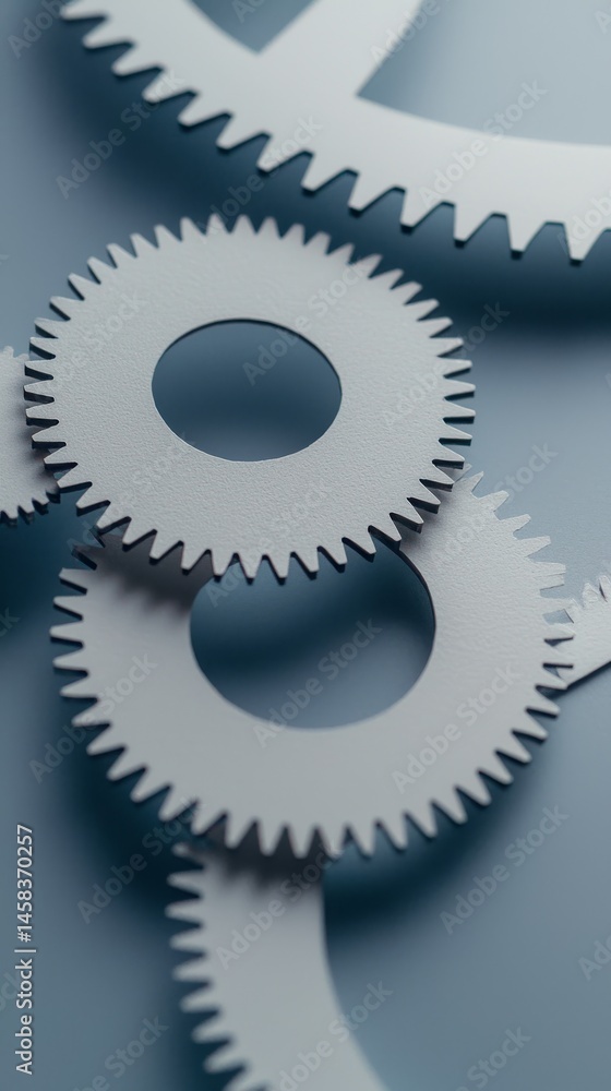 Aufkleber close-up view of interconnected gears in a mechanical system on a blue surface.