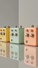 Colorful audio pedal devices lined up, showcasing modern music technology and design.
