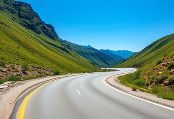 Fototapeta premium Empty asphalt road curves through vibrant green mountains under a clear blue sky, stock photo, scenic