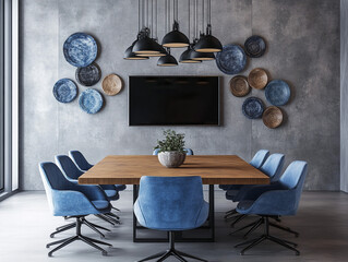 A Modern Conference Room With A Big-Sized LED And Blue Chairs Or A Long Wooden Table
