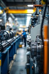 Fototapeta premium A factory with machines buzzing and workers moving around. A young apprentice is learning how to operate the machinery under the watchful eye of an experienced worker.