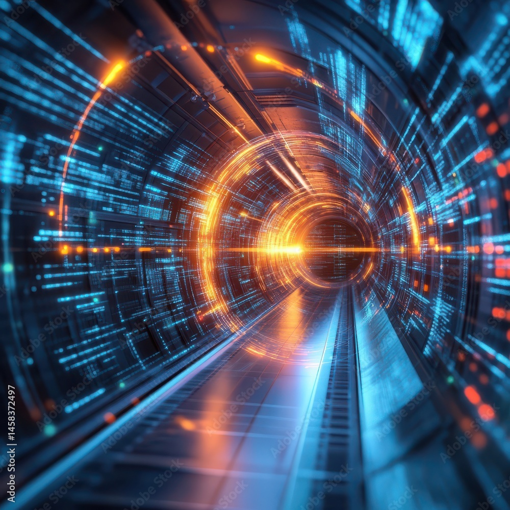 Poster futuristic data tunnel exploration virtual space digital art dark environment immersive view hyperre