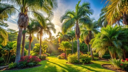 Palm trees swaying in gentle breeze amidst vibrant Florida garden with native plants and vegetation, surrounded by warm sunlight filtering through leaves, native plants, palm tree