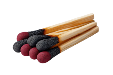 Group of burnt matchsticks with charred tips isolated on transparent background