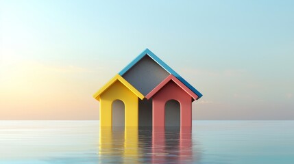 Colorful houses floating on water during a serene sunset, symbolizing tranquility and peace.