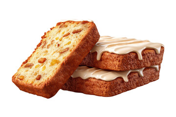 Iced fruit cake slices with glaze frosting isolated on white background

