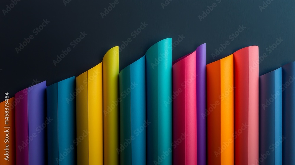 Poster colorful layered paper sheets arranged in a dynamic wave pattern.