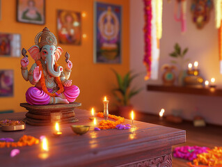 Hindu-inspired living room with colorful Ganesh statue, candles, incense, and framed deities like Krishna and Lakshmi, creating a spiritual, festive atmosphere with vibrant colors and warm lighting.
