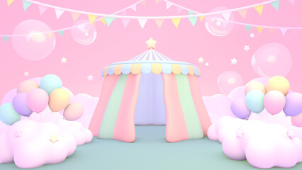 3D render pastel circus balloons party.