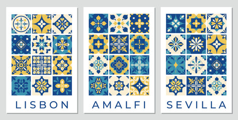 Mediterranean tiles posters. Mediterranean pattern, background, cover, flyer. Italian, Portuguese, Spanish traditional style. Blue and yellow abstract geometric mosaic. Vector illustration.