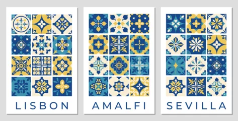 Gordijnen Mediterranean tiles posters. Mediterranean pattern, background, cover, flyer. Italian, Portuguese, Spanish traditional style. Blue and yellow abstract geometric mosaic. Vector illustration. © IRYNA