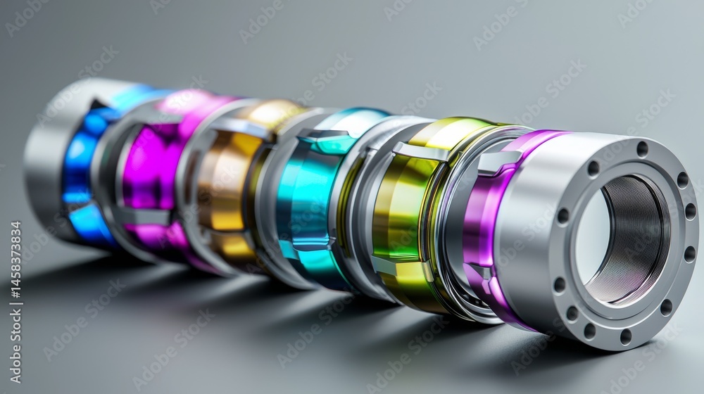 Poster colorful metallic components arranged in a row, showcasing engineering precision.