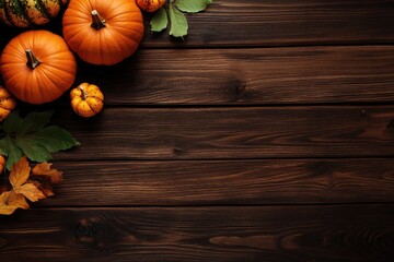 Autumnal pumpkins and leaves on wooden table