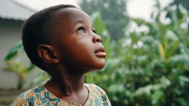 Young boy is standing in the rain with his eyes closed. He is wearing a green and yellow shirt