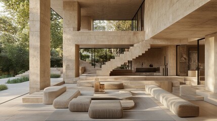 Spacious, modern concrete home interior, outdoor living area.