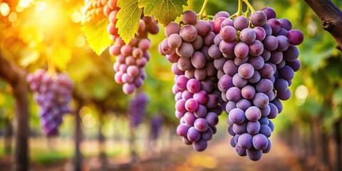 Lush purple grape cluster hanging from a vine branch in a rustic wineyard setting, wine production, grapes